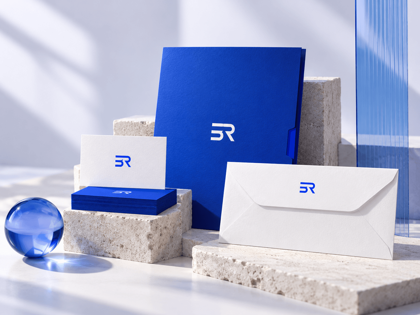 Branded stationery: folder, business cards and envelope with the Brand Revam mark