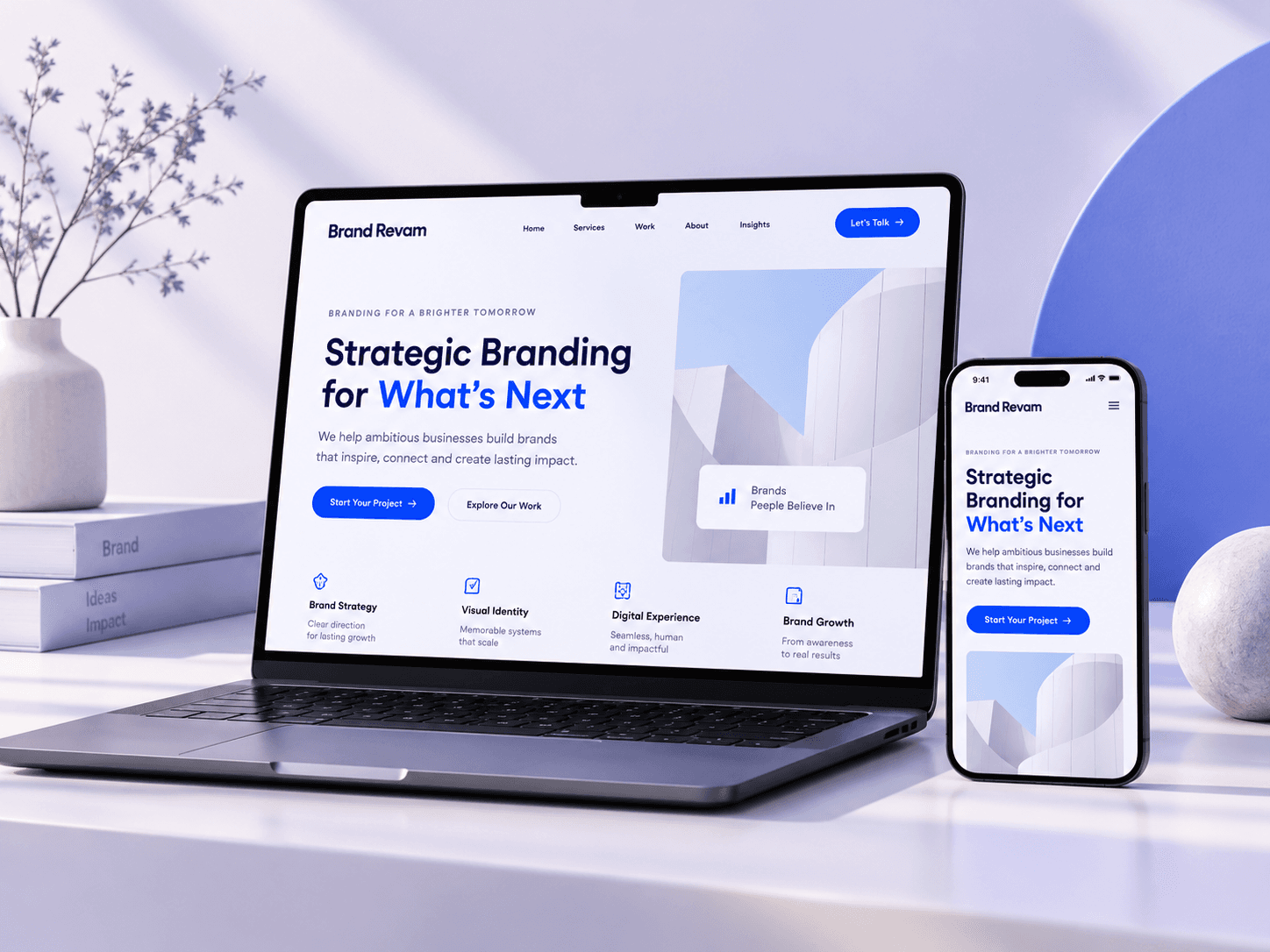 Strategic branding website shown on a laptop and phone
