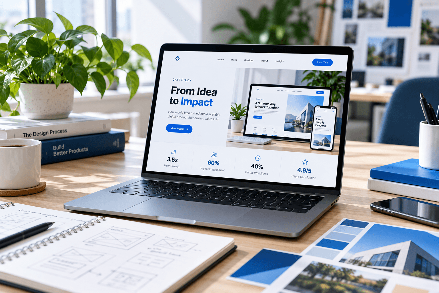 Laptop showing a marketing website on a desk with printed materials