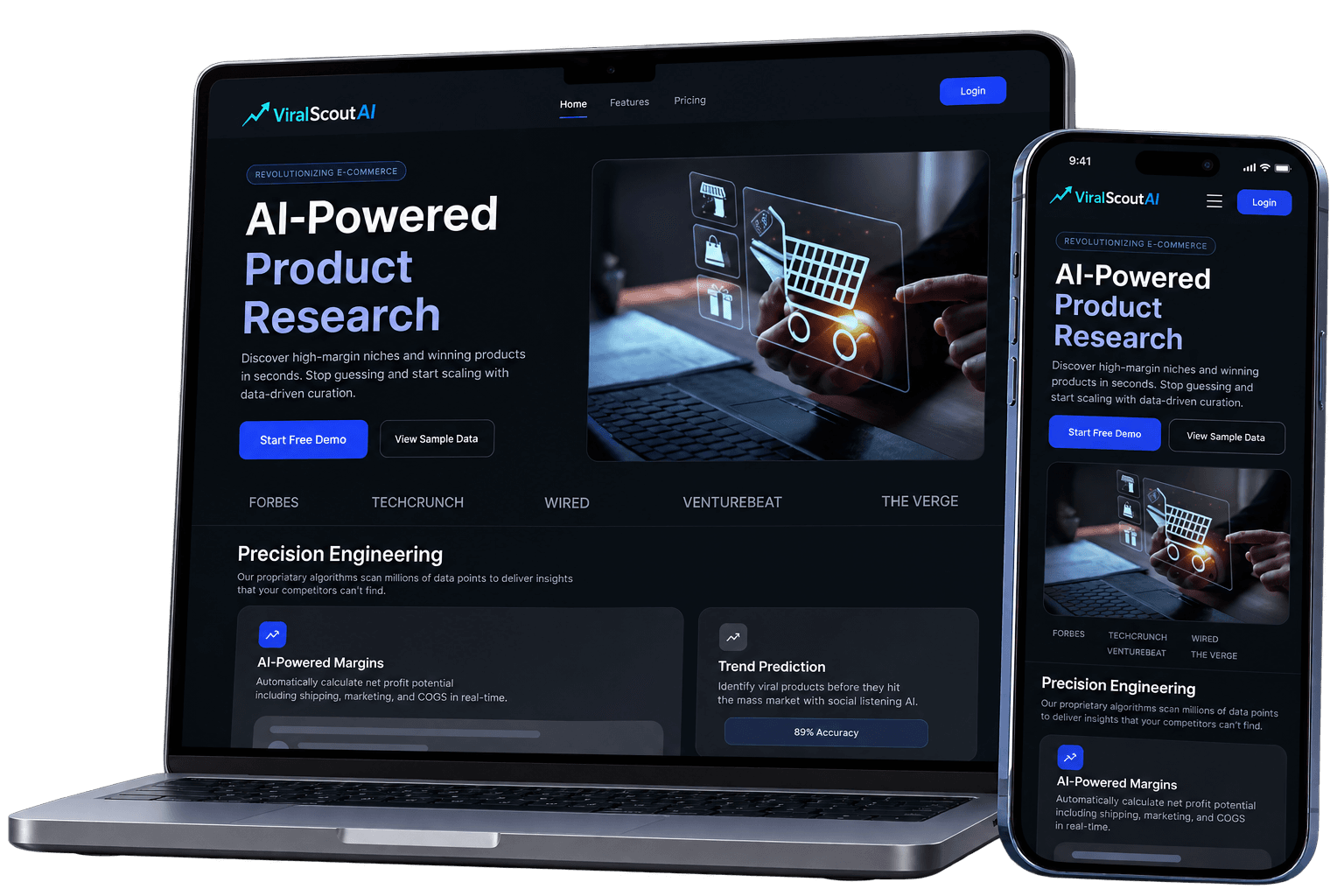 ViralScoutAI product research dashboard on laptop and phone