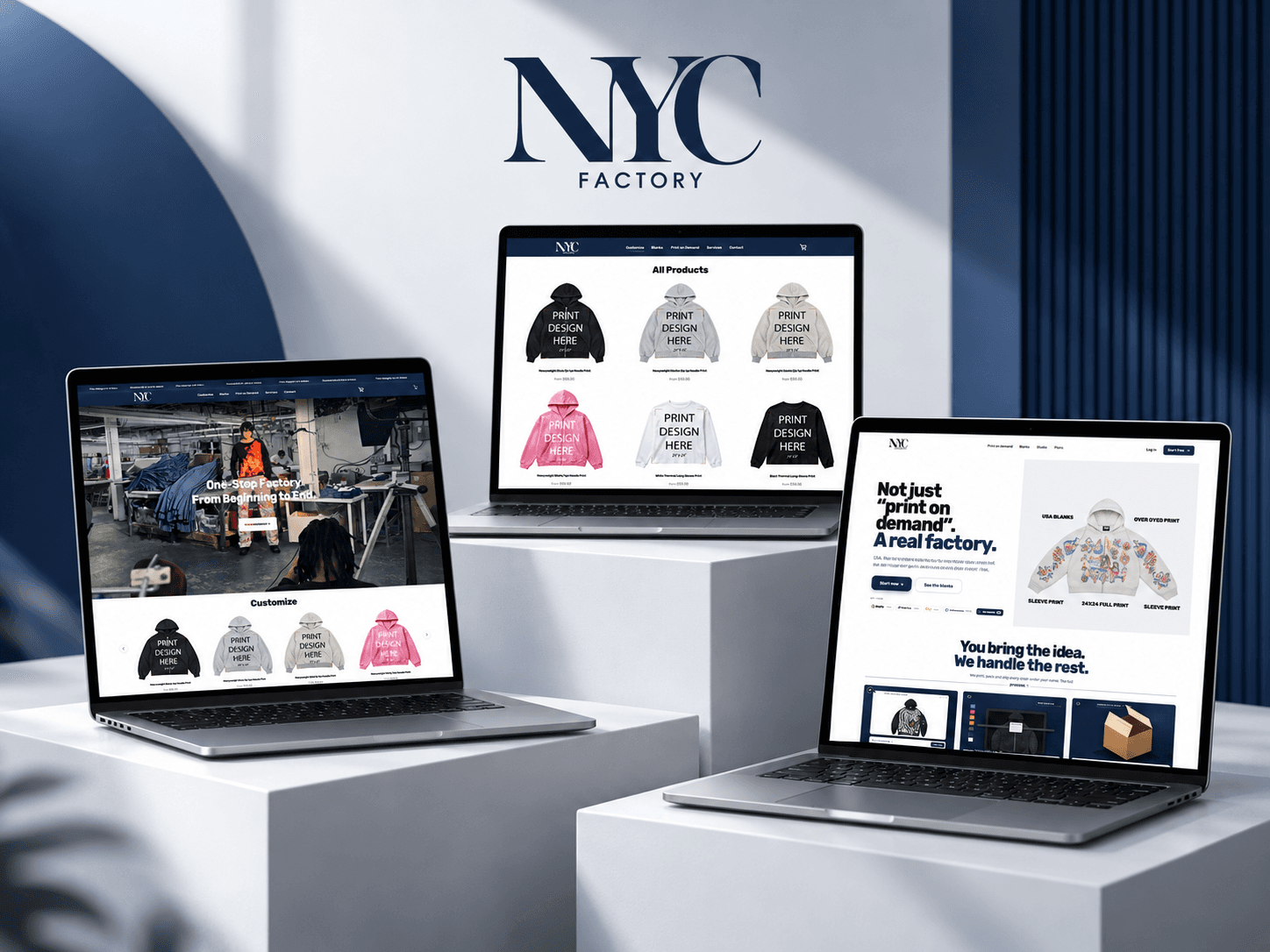 NYC Factory website and app screens